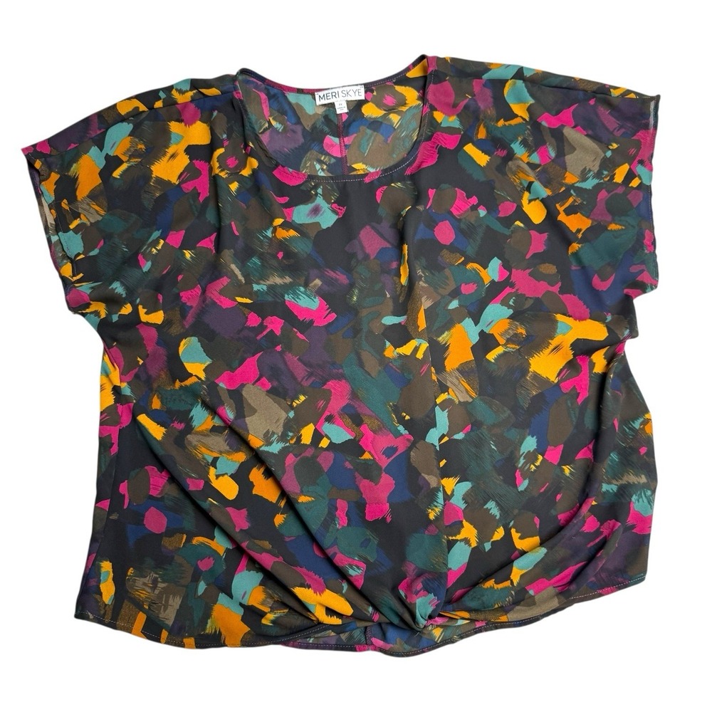 Meri Skye Womens‎ Colorful Knot Front Blouse Size 2X Artcore Abstract Painterly